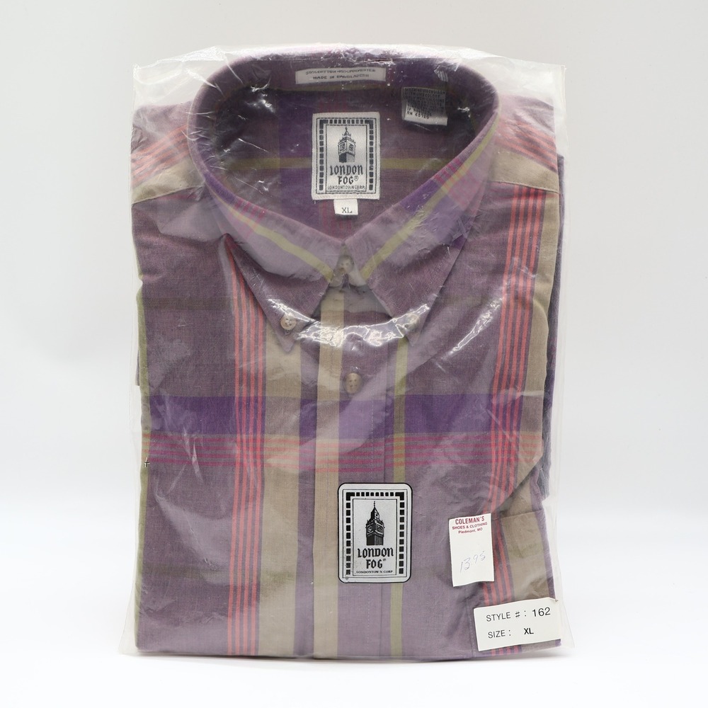 London Fog Plaid Button Down Shirt Mens XL Vintage 90s Purple Cotton Blend NIP